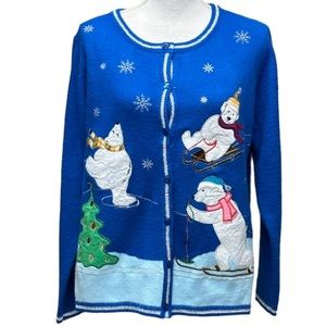 Holiday Polar‎ Bear Ugly Christmas Sweater Blue Silver Metallic Trim Sz L Skate